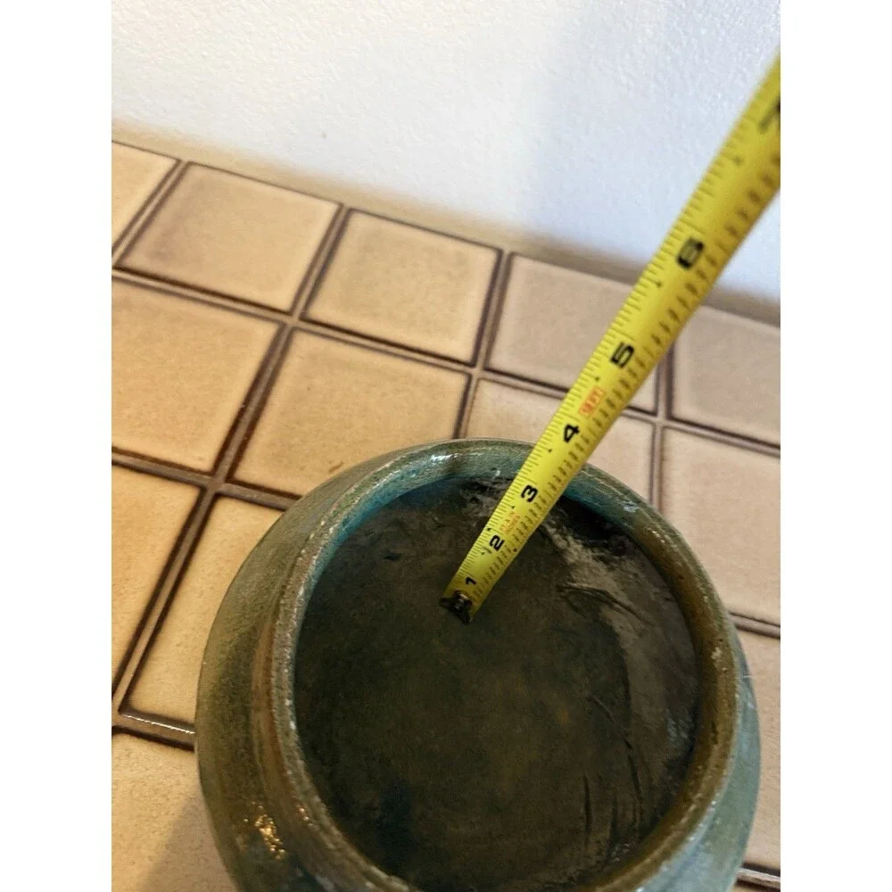 Vintage Studio Art Pottery Bowl Teal Green Glaze Hand Thrown Low Vessel Planter